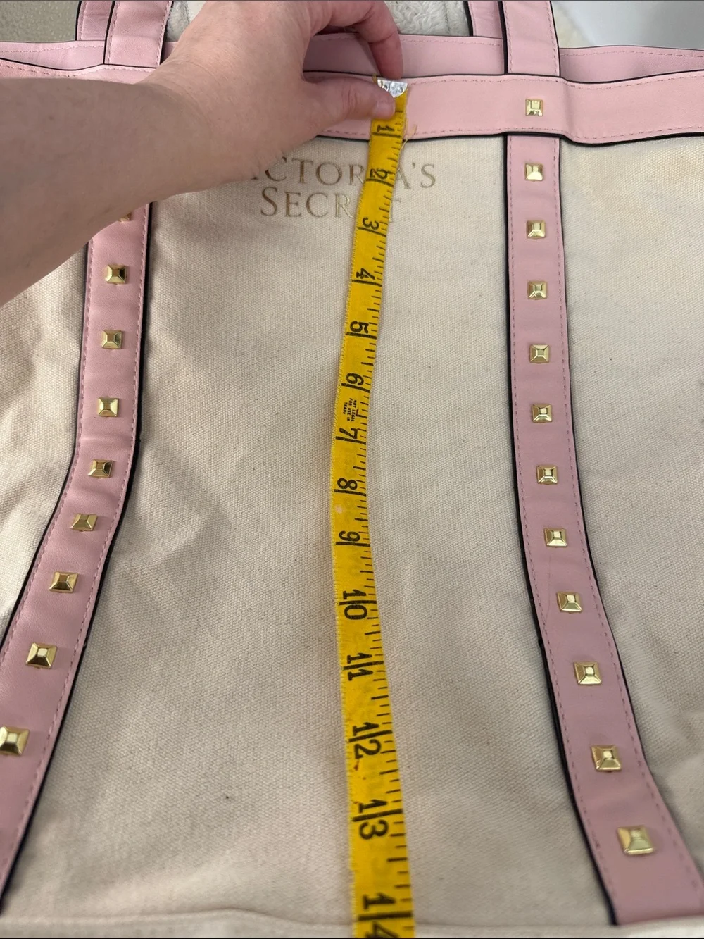 Victoria's Secret Cream Canvas Tote with Pink Trim & Studs